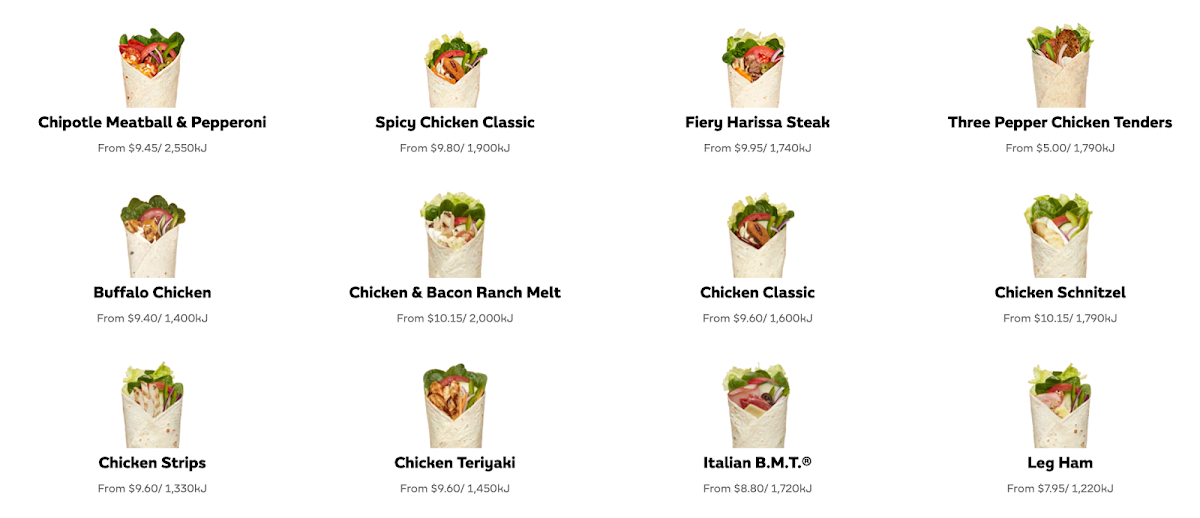 Menu, Subway