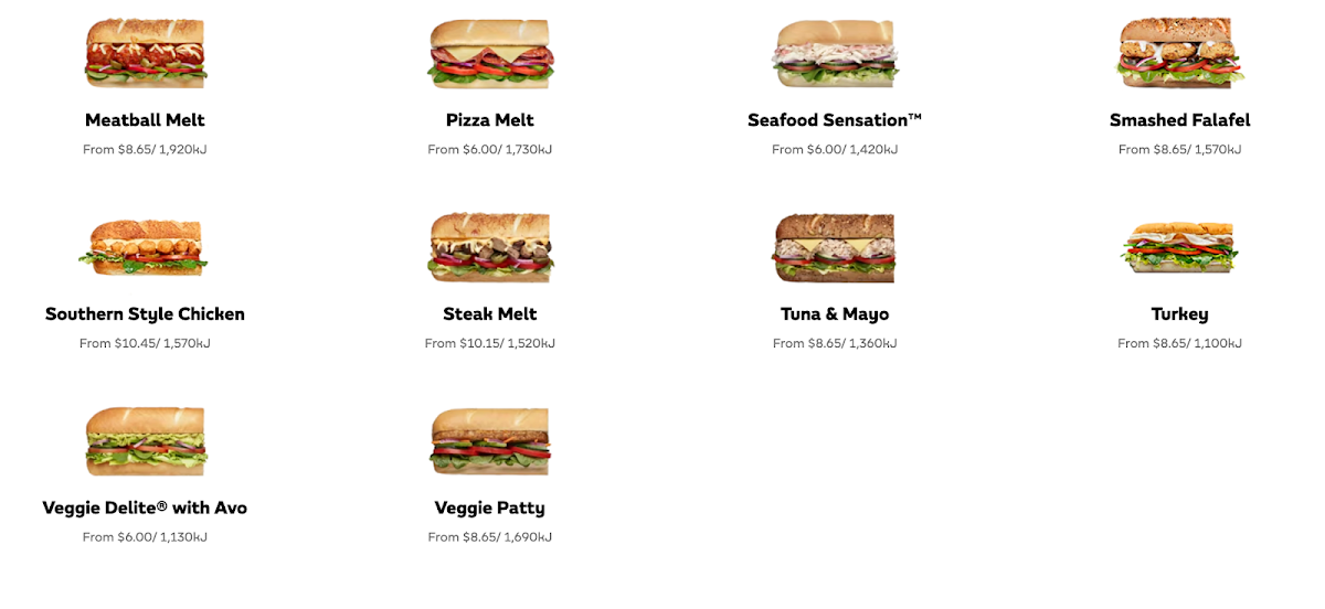 Menu, Subway