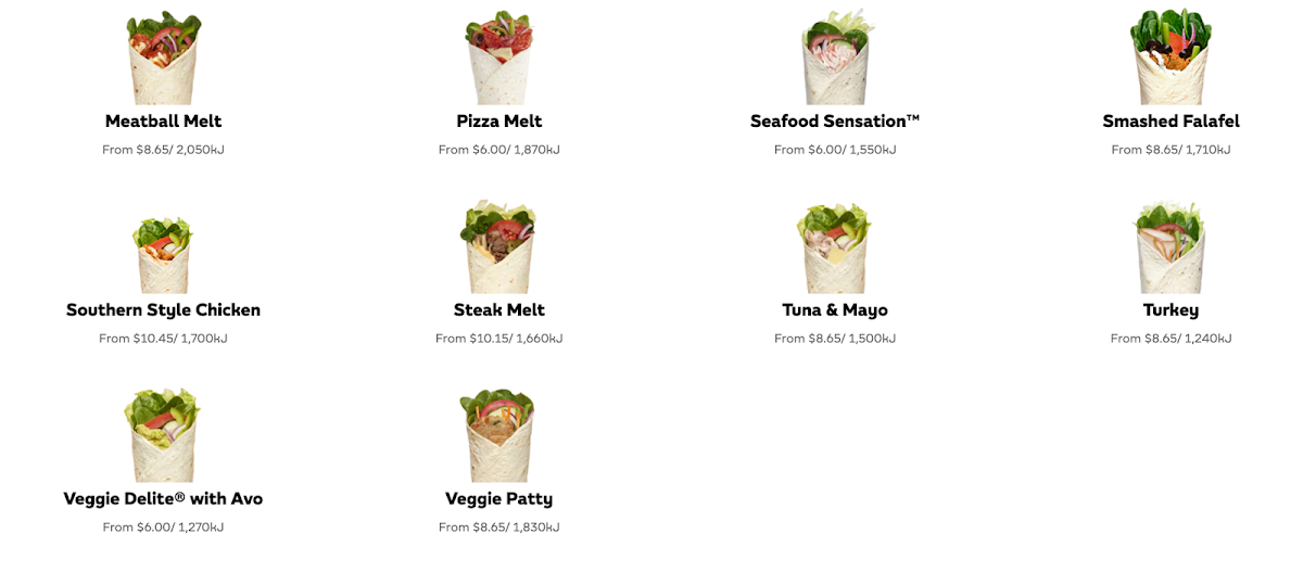 Menu, Subway