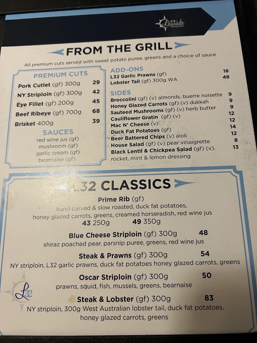 Menu, Latitude 32 Restaurant Rockingham