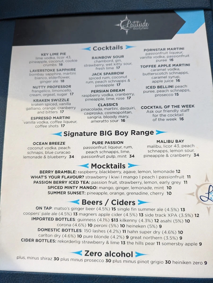 Menu, Latitude 32 Restaurant Rockingham