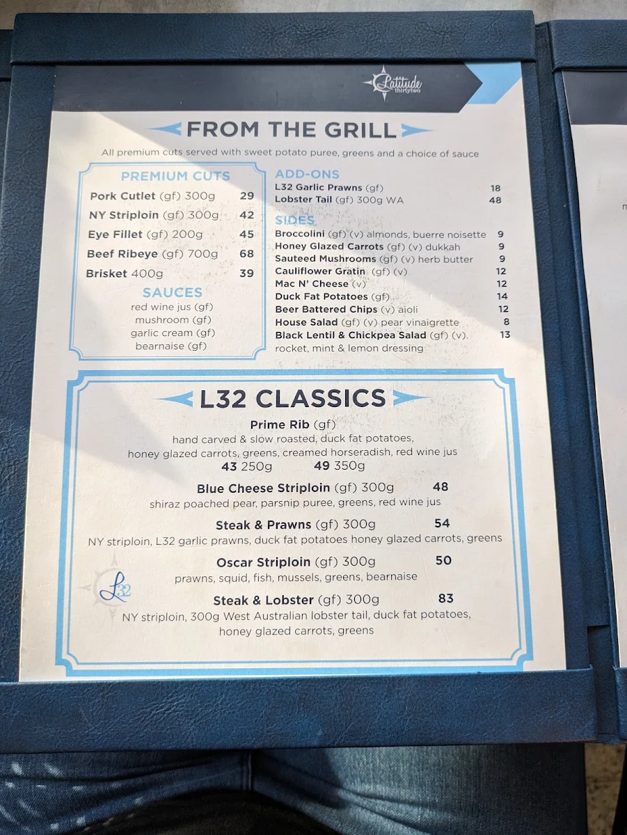 Menu, Latitude 32 Restaurant Rockingham