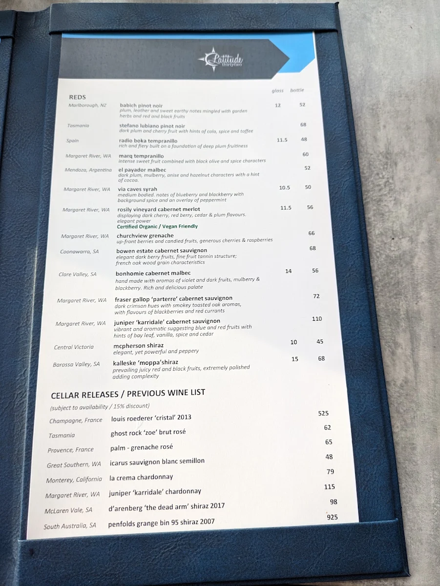 Menu, Latitude 32 Restaurant Rockingham