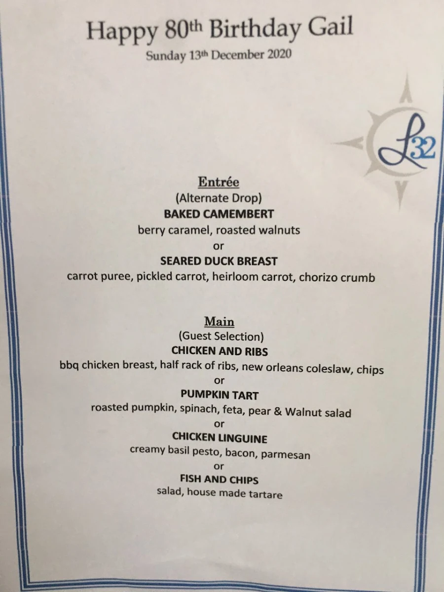 Menu, Latitude 32 Restaurant Rockingham