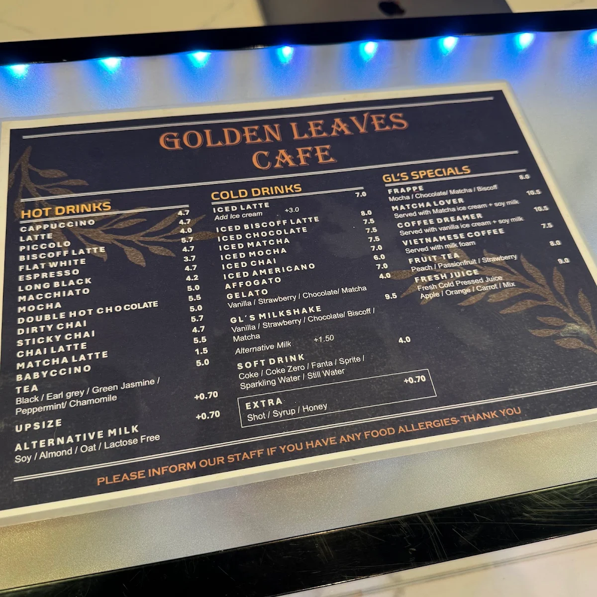 Menu, Golden Leaves Cafe