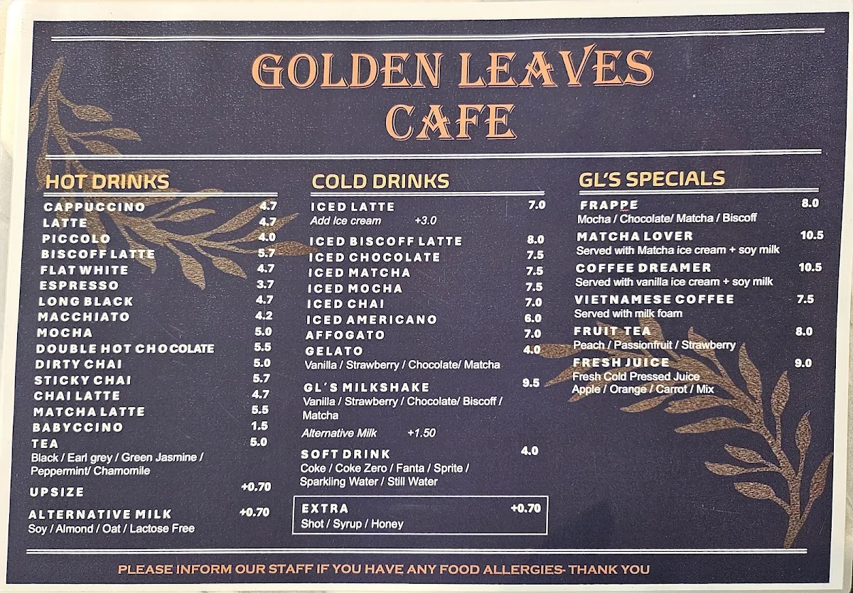 Menu, Golden Leaves Cafe