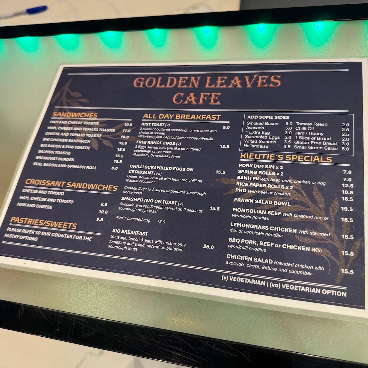 Menu, Golden Leaves Cafe