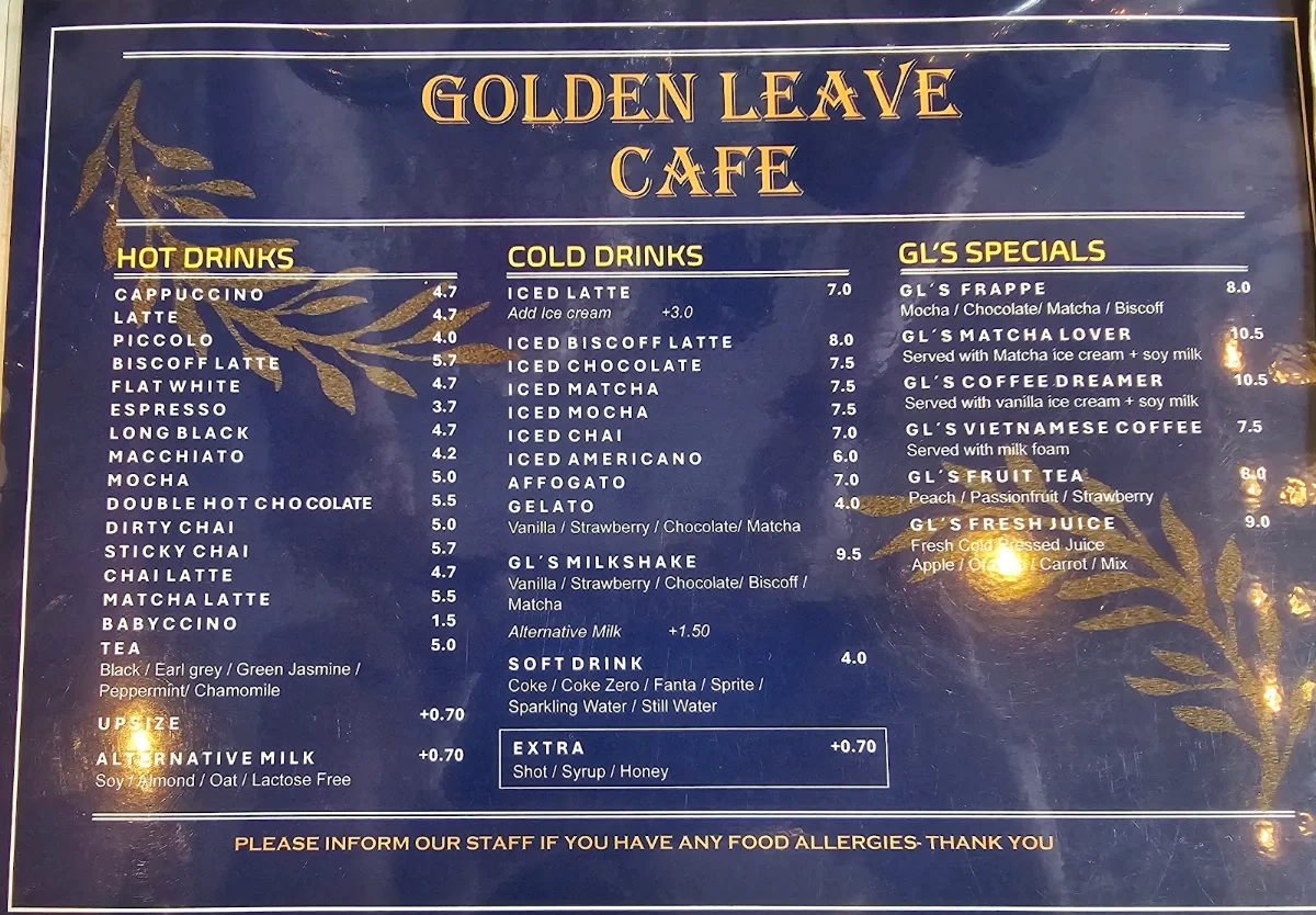 Menu, Golden Leaves Cafe