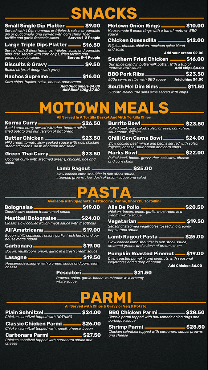 Menu, Moama Pizza