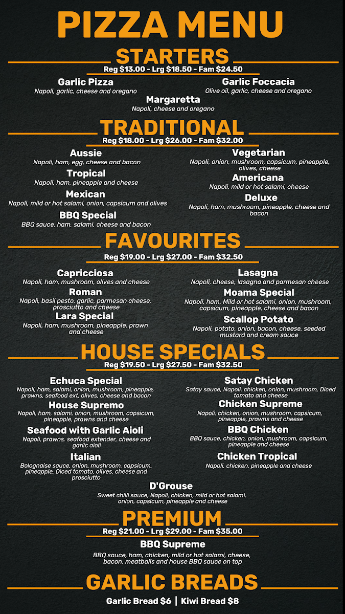 Menu, Moama Pizza