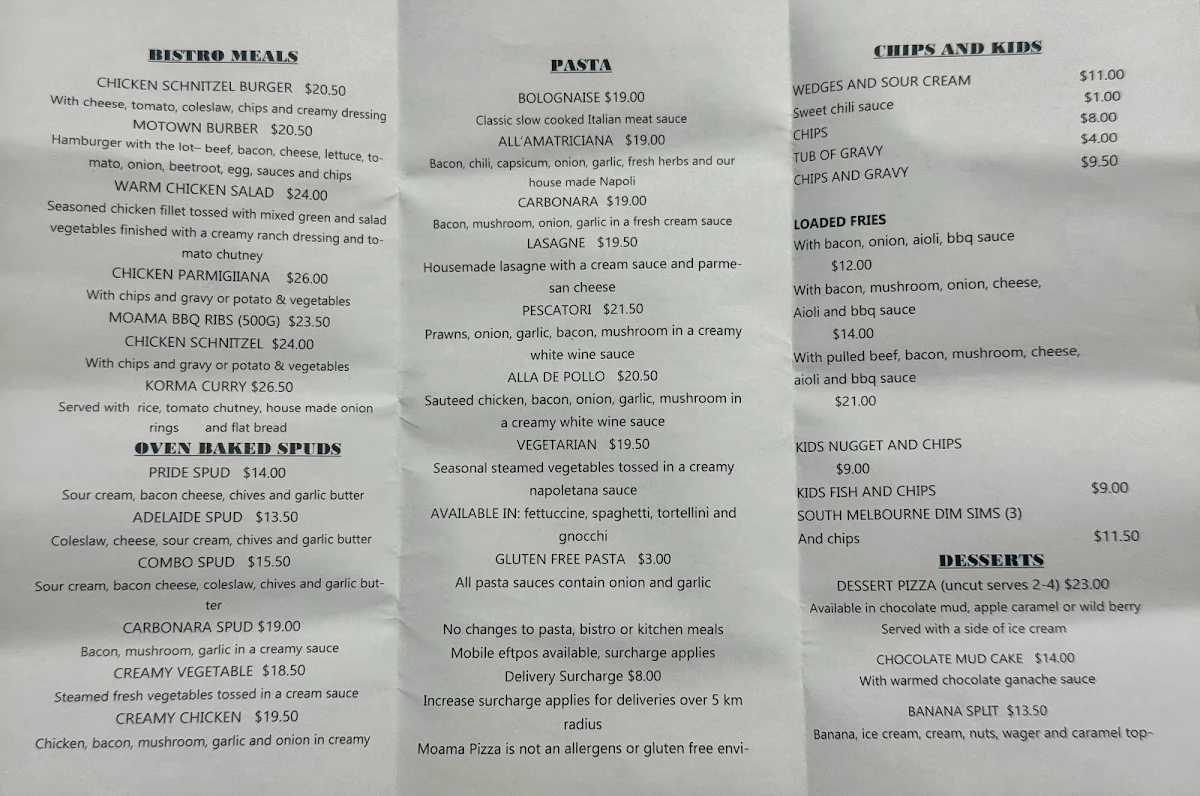 Menu, Moama Pizza