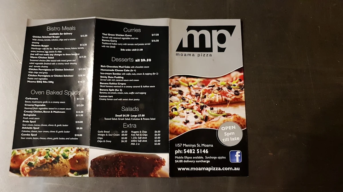 Menu, Moama Pizza