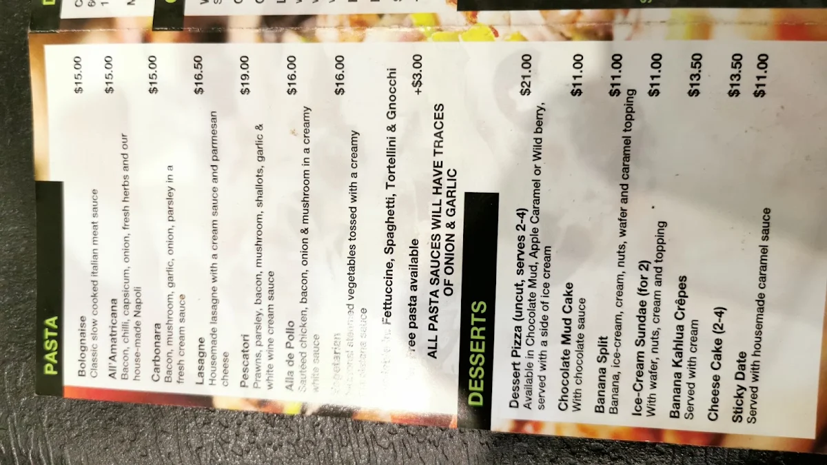 Menu, Moama Pizza