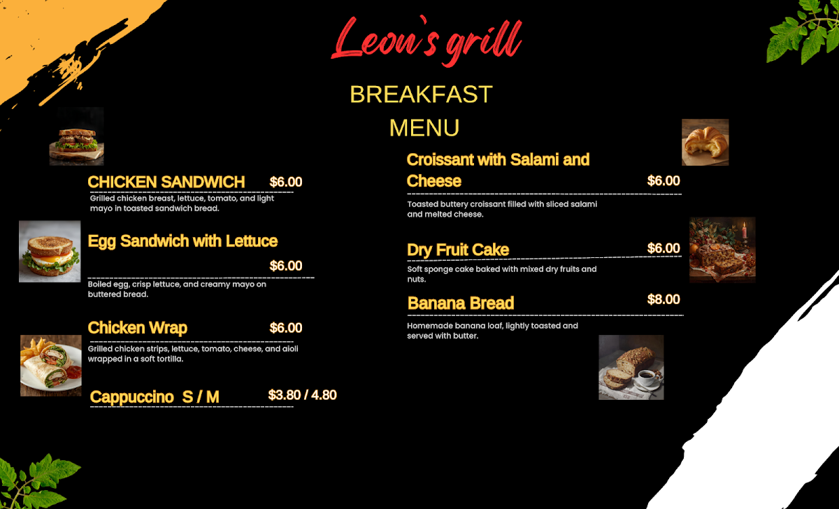 Menu, Leon’s Grill