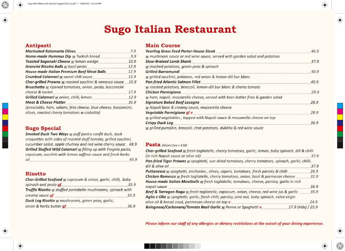 Menu, Sugo Restaurant