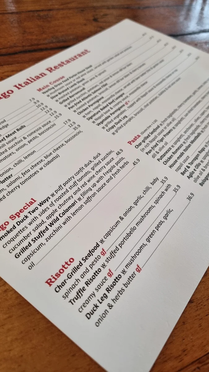 Menu, Sugo Restaurant