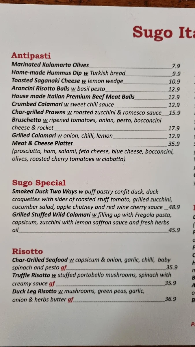 Menu, Sugo Restaurant