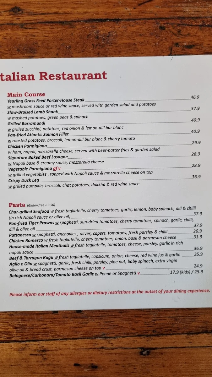 Menu, Sugo Restaurant