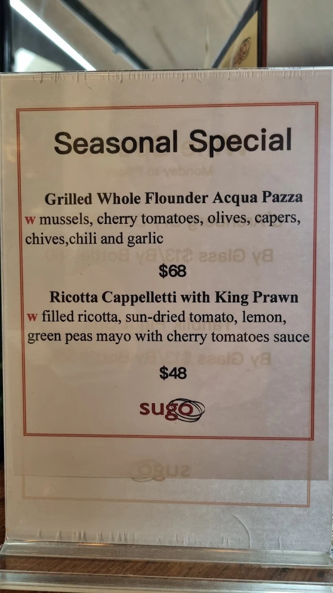 Menu, Sugo Restaurant