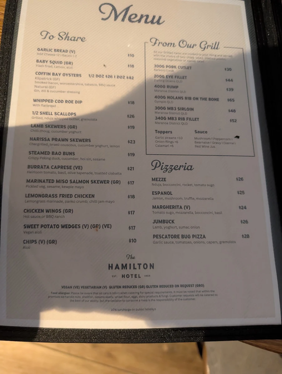 Menu, The HAMILTON HOTEL
