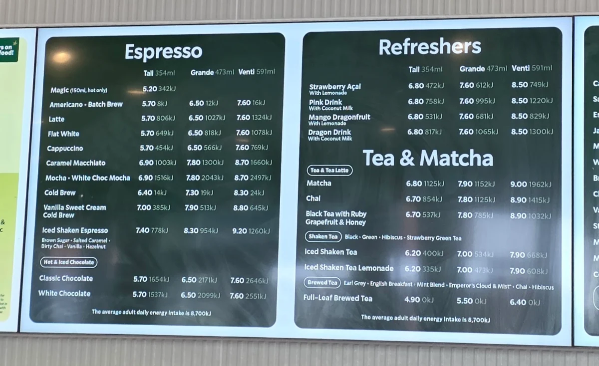 Menu, Starbucks Pimpama