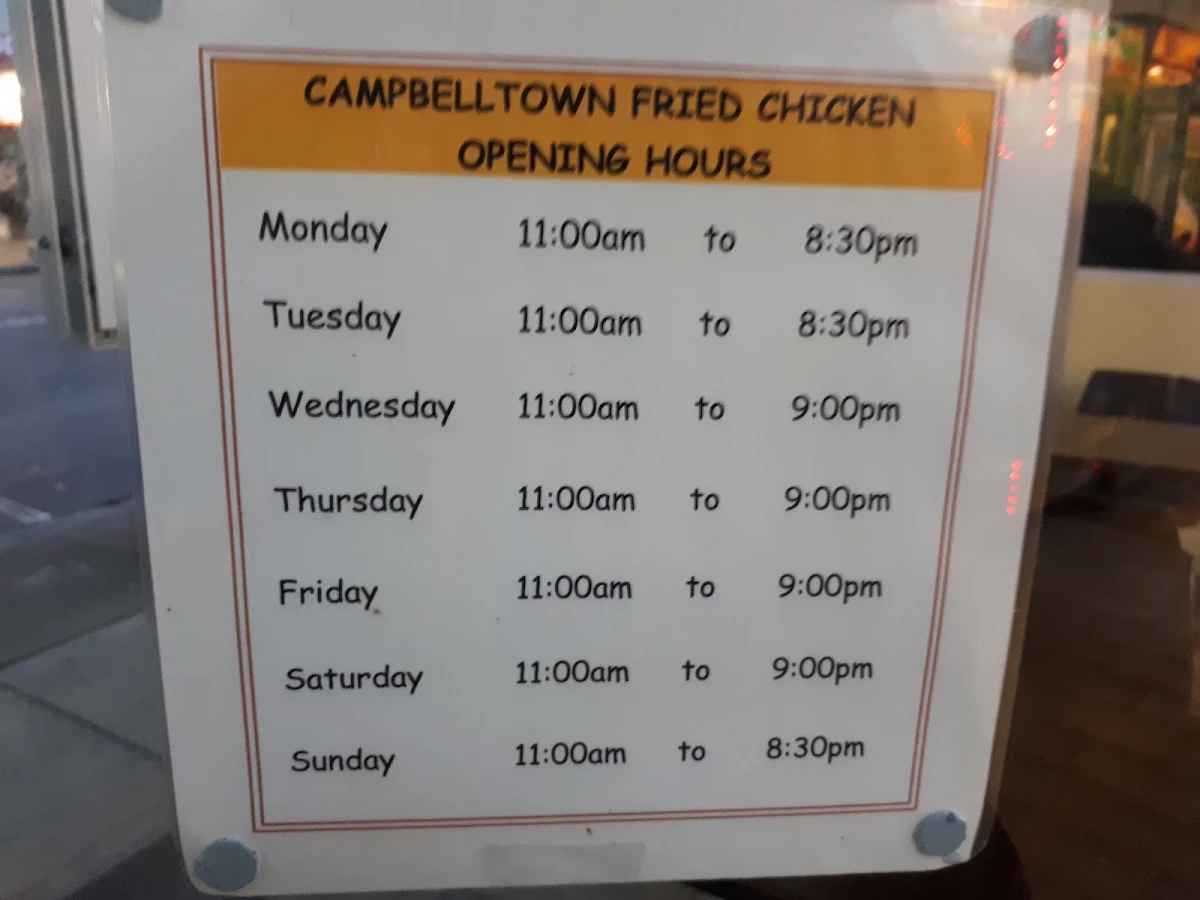 Menu, Campbelltown Fried Chicken