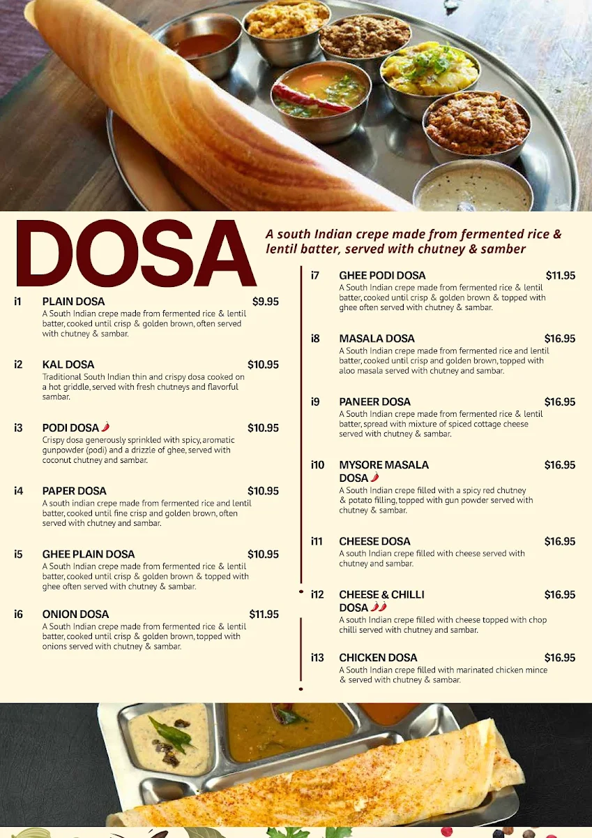 Menu, Dosa Hut Indian Multi Cuisine Restaurant Aspley