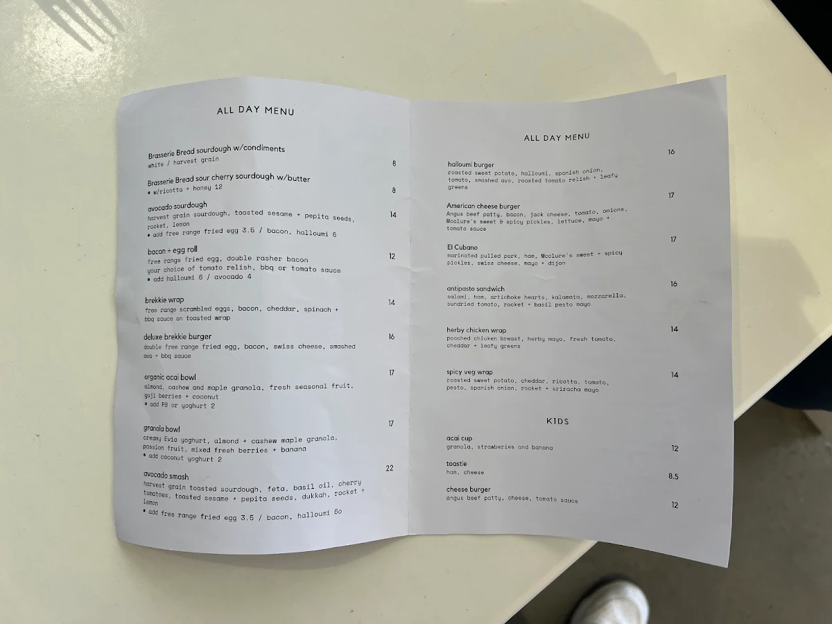 Menu, Milkhouse Kurnell