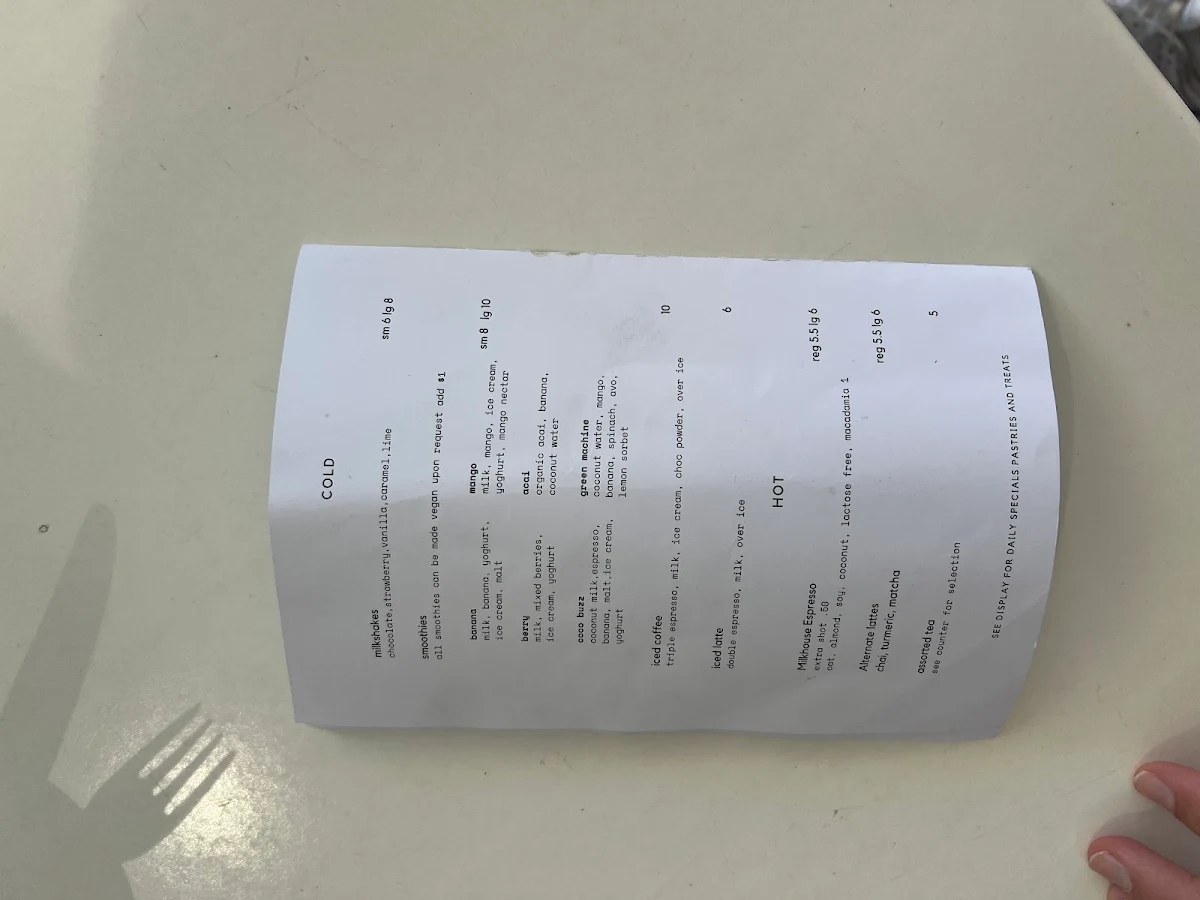Menu, Milkhouse Kurnell