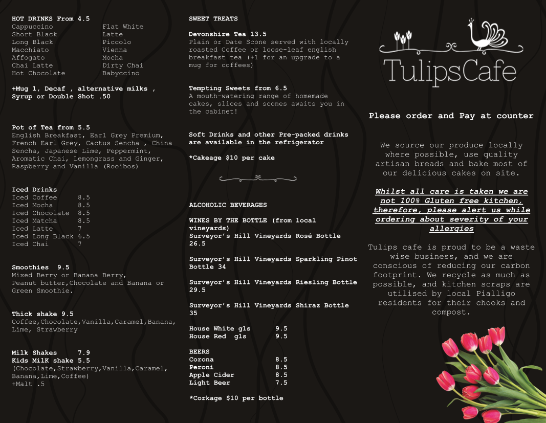 Menu, Tulip's Cafe
