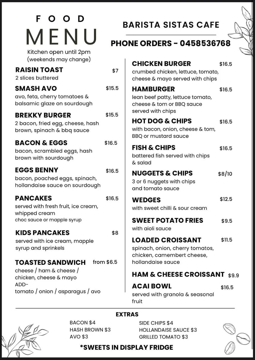 Menu, Barista Sistas Cafe