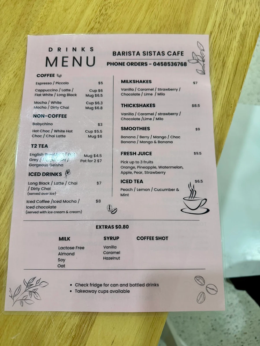 Menu, Barista Sistas Cafe