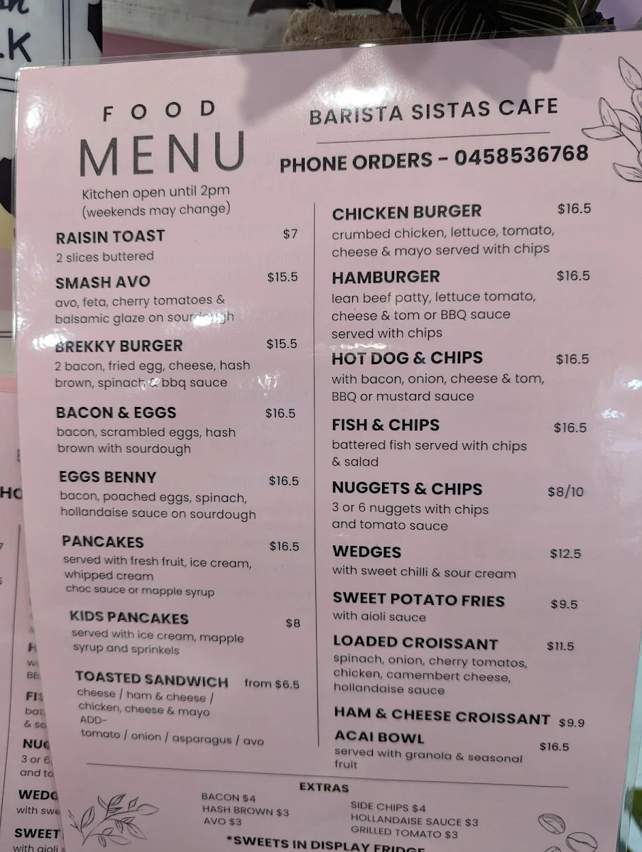 Menu, Barista Sistas Cafe