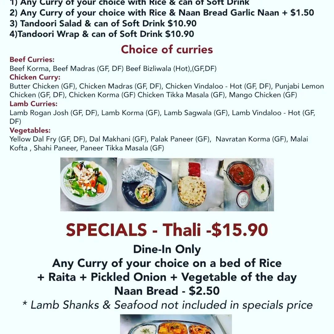 Menu, Tamarin Indian Restaurant
