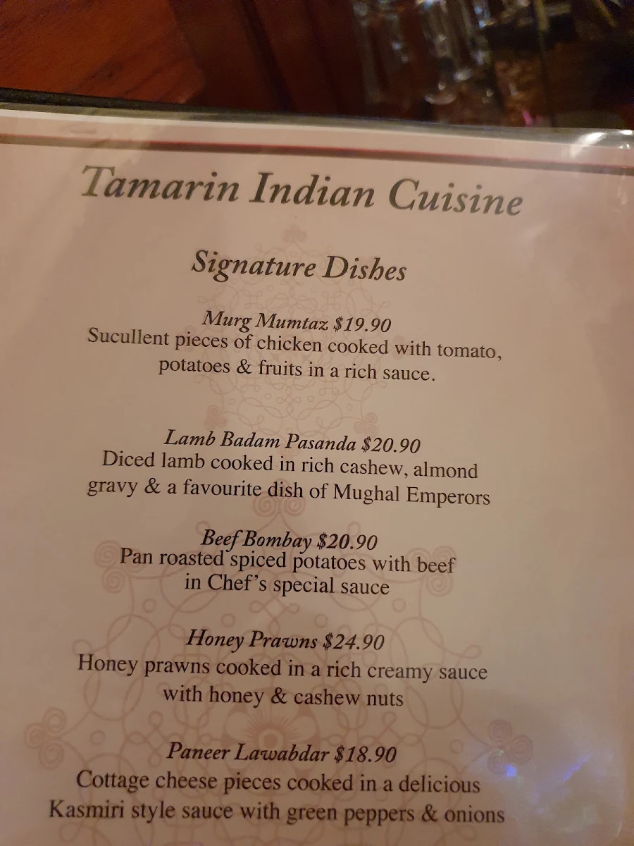 Menu, Tamarin Indian Restaurant