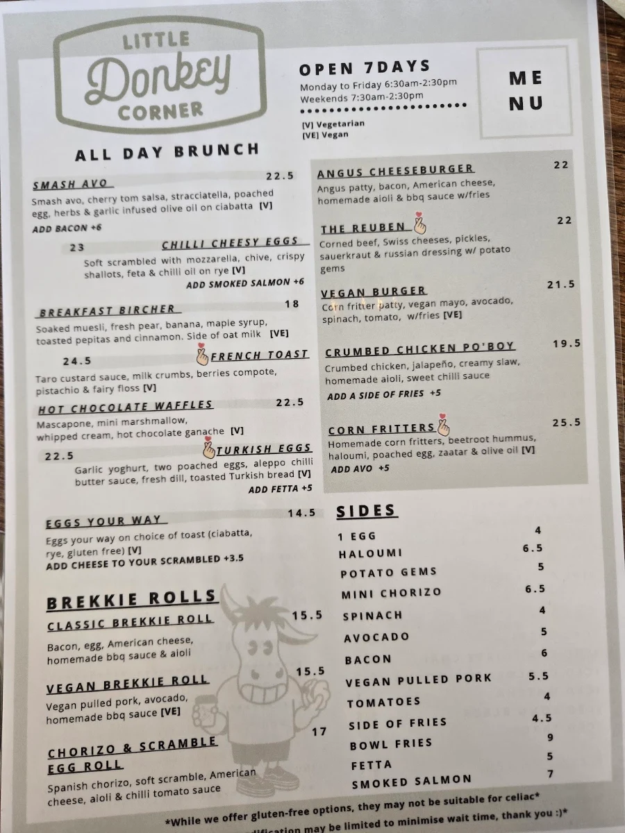 Menu, Little Donkey Corner
