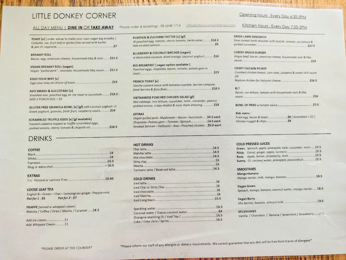 Menu, Little Donkey Corner