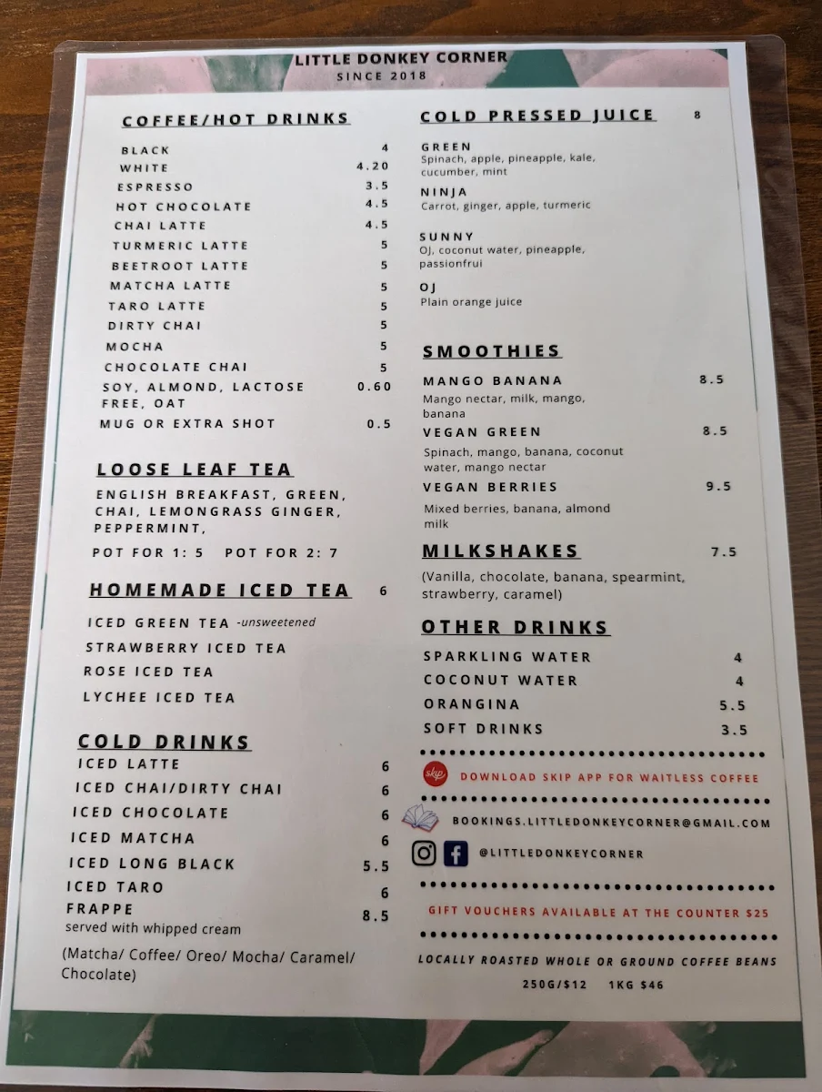 Menu, Little Donkey Corner