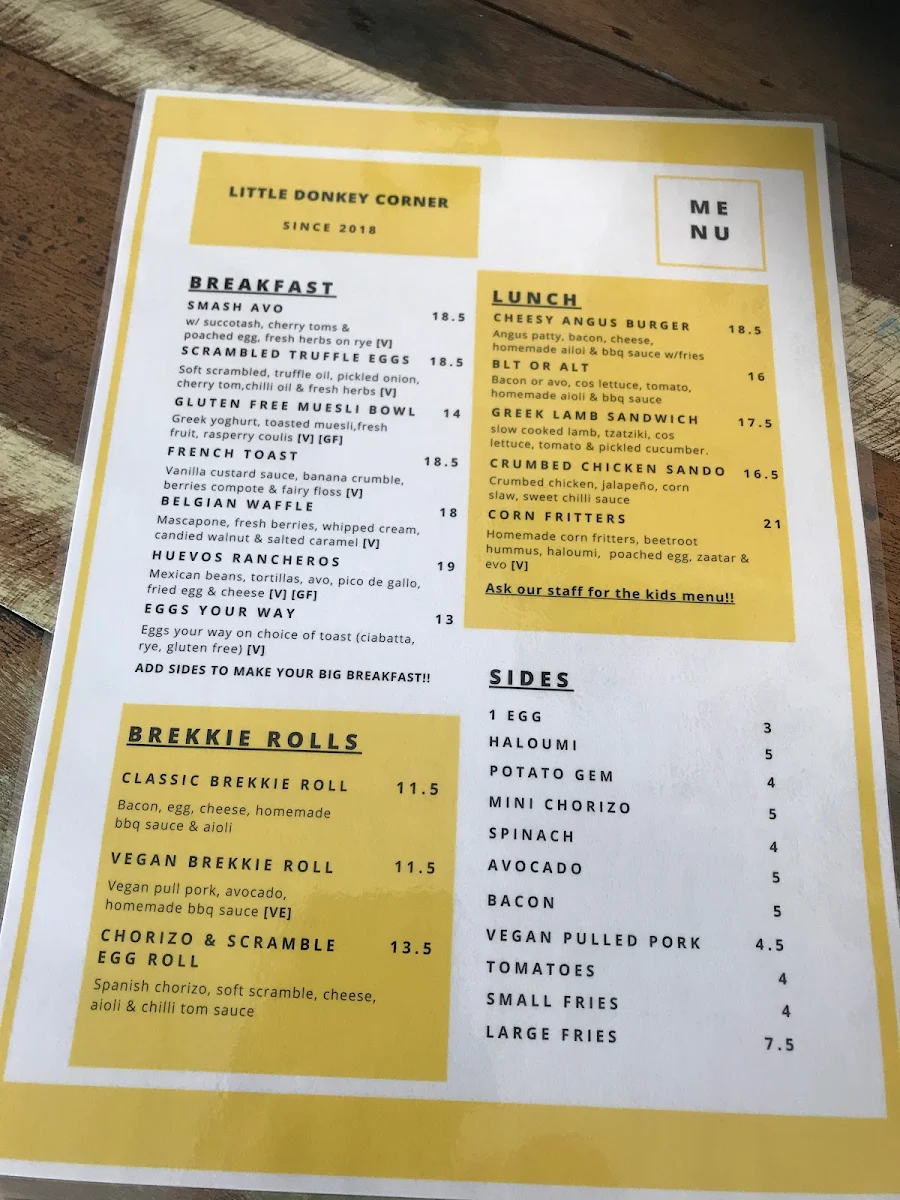 Menu, Little Donkey Corner