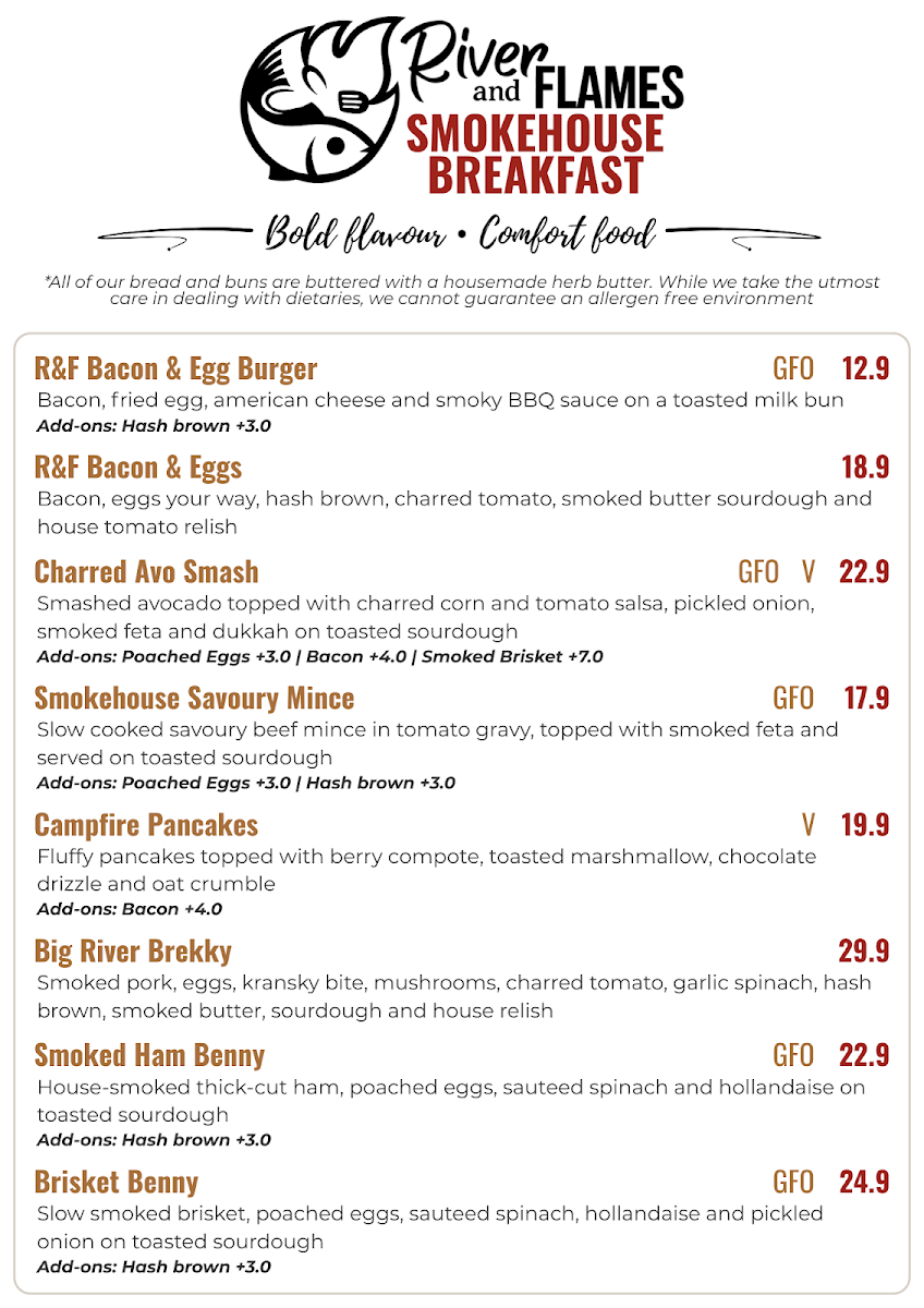 Menu, River and Flames Cafe and Catering