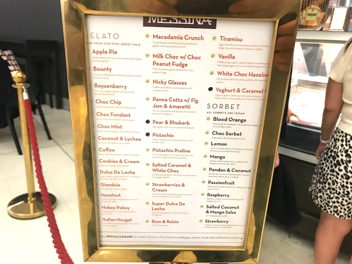 Menu, Gelato Messina The Star