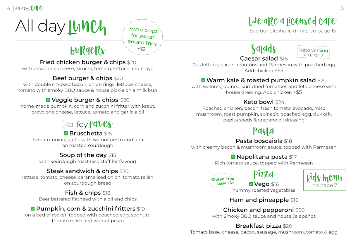 Menu, Ka-fey cafe