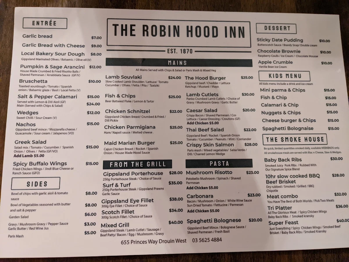 Menu, The Robin Hood Inn