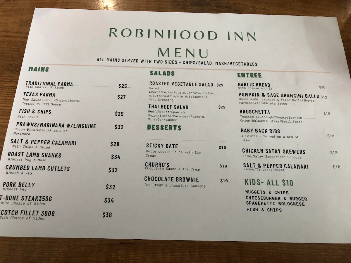 Menu, The Robin Hood Inn