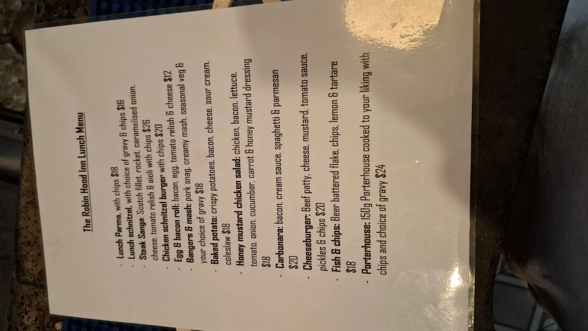 Menu, The Robin Hood Inn