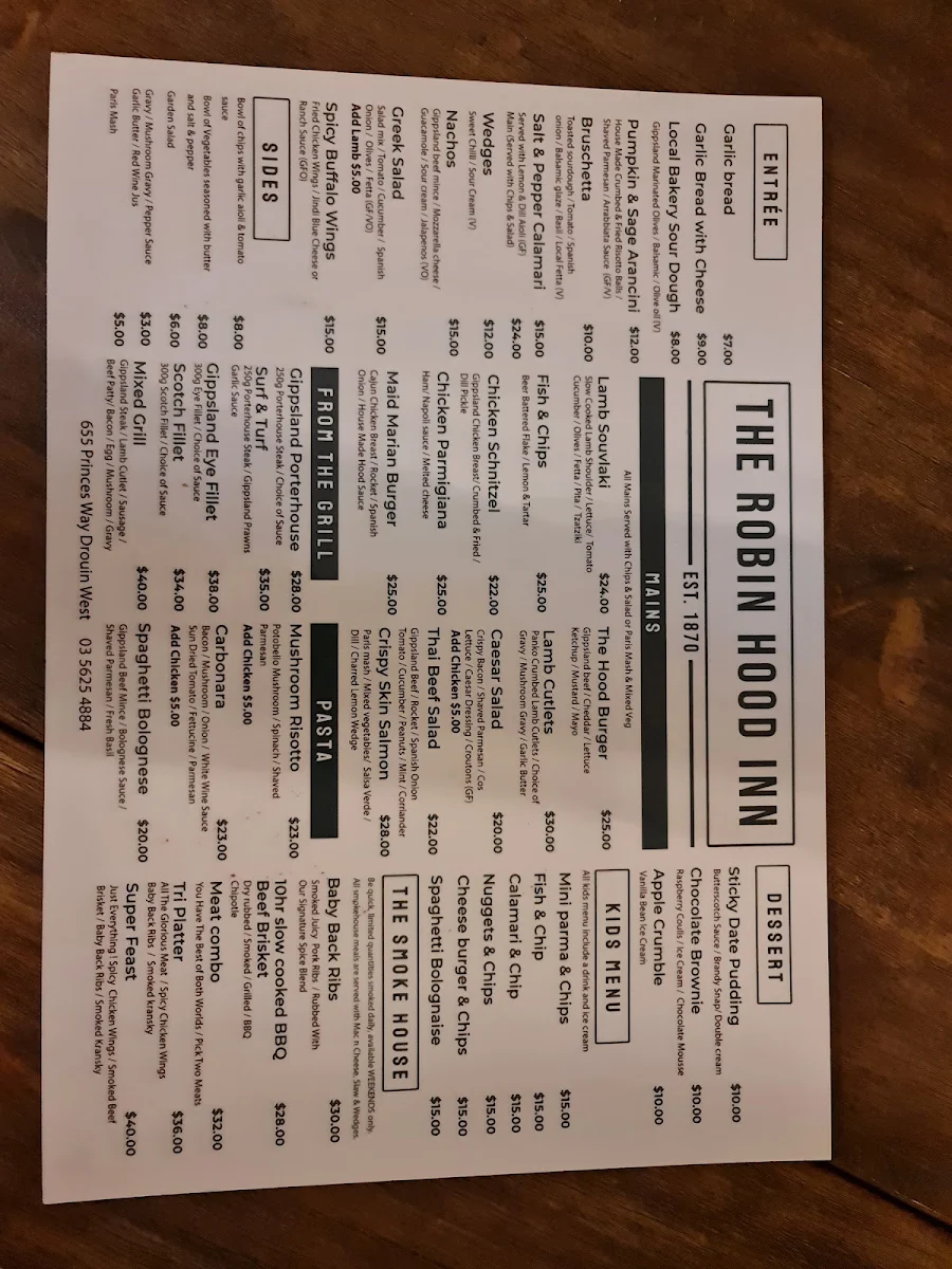 Menu, The Robin Hood Inn