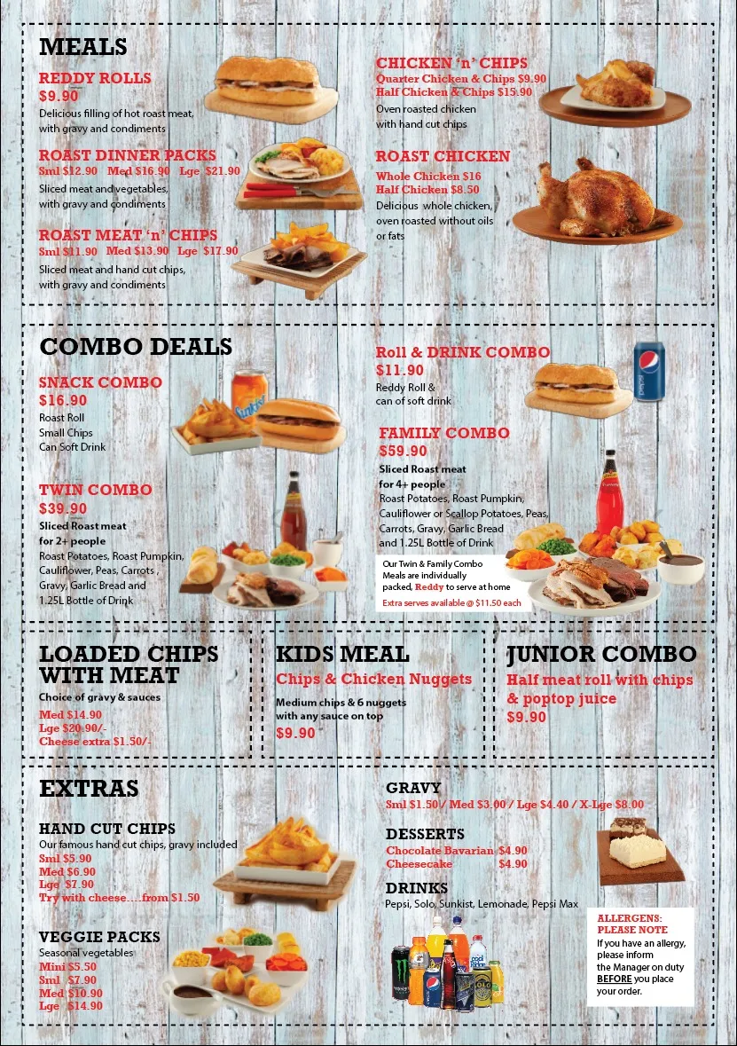 Menu, Reddy Roasts Carvery Pakenham