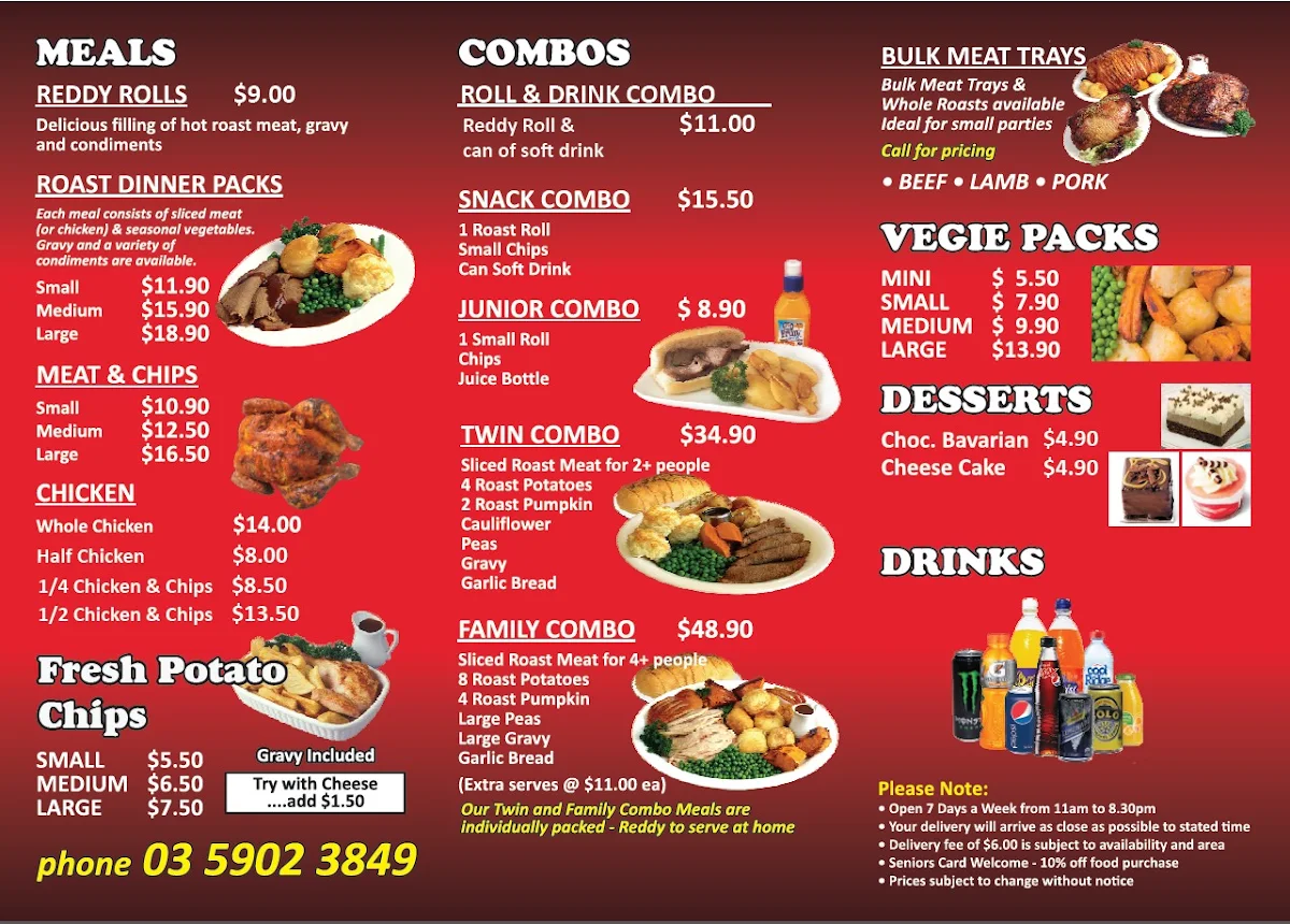 Menu, Reddy Roasts Carvery Pakenham