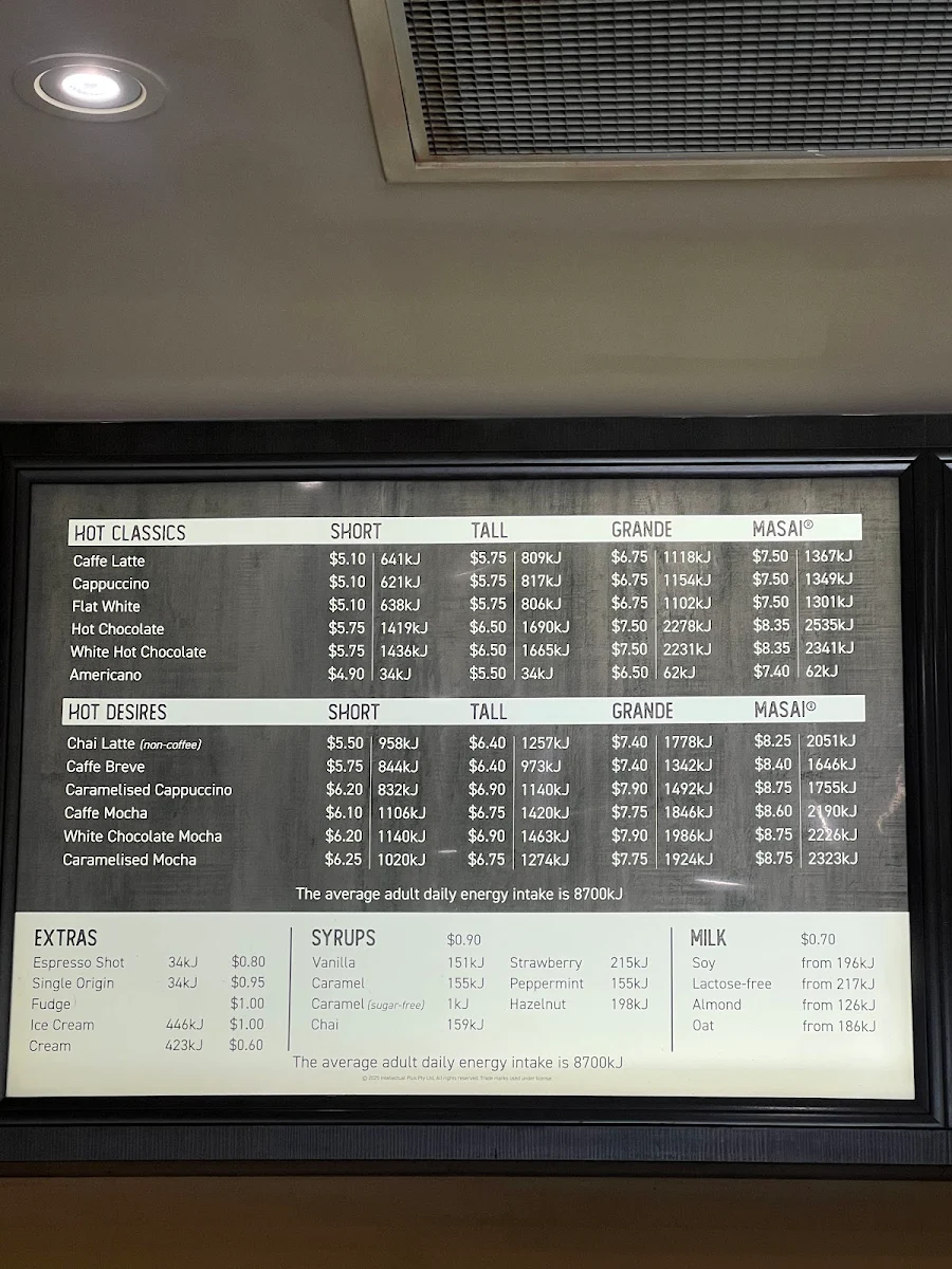 Menu, Zarraffa's Coffee Currambine