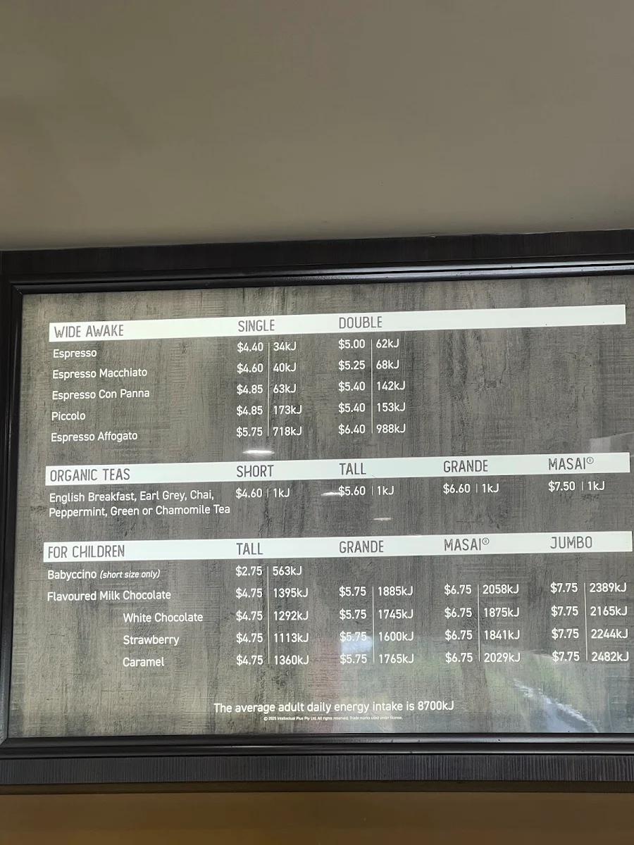 Menu, Zarraffa's Coffee Currambine